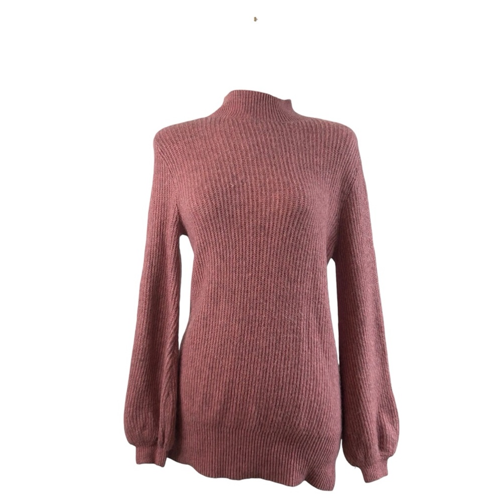 SOLUTION Sweater Funnel Neck Balloon Sleeve Pink Ribbed Knit Medium